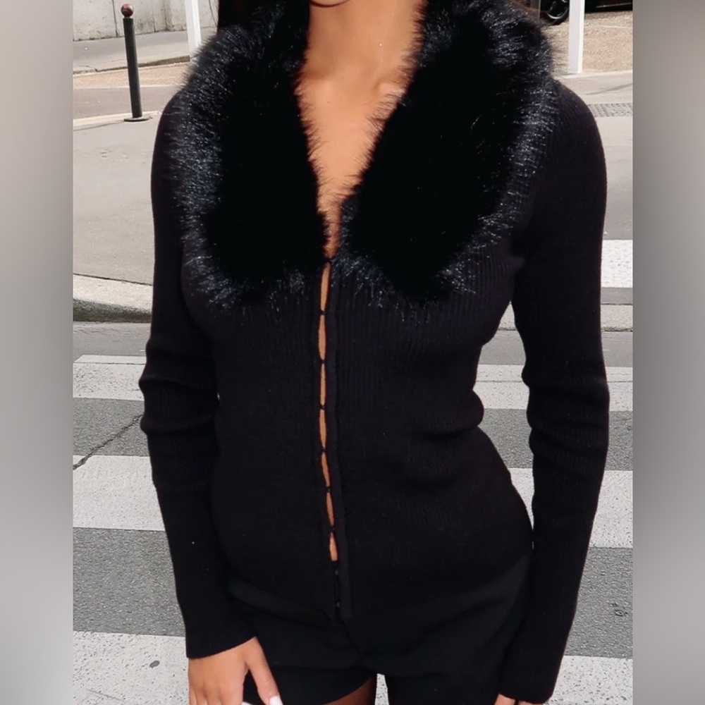 White Fox Boutique Black Fuzzy Collar Top